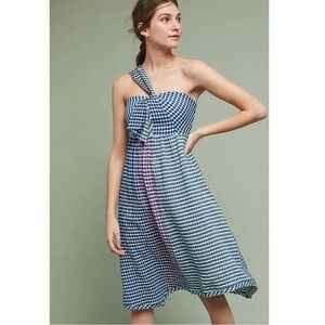 Maeve Waverly Checkered Plaid One Shoulder Knee Length Cotton Dress